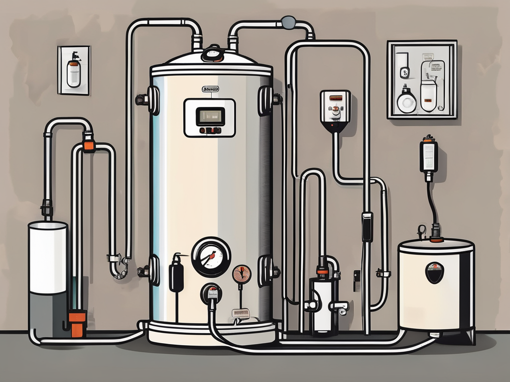 A water heater with various tools around it