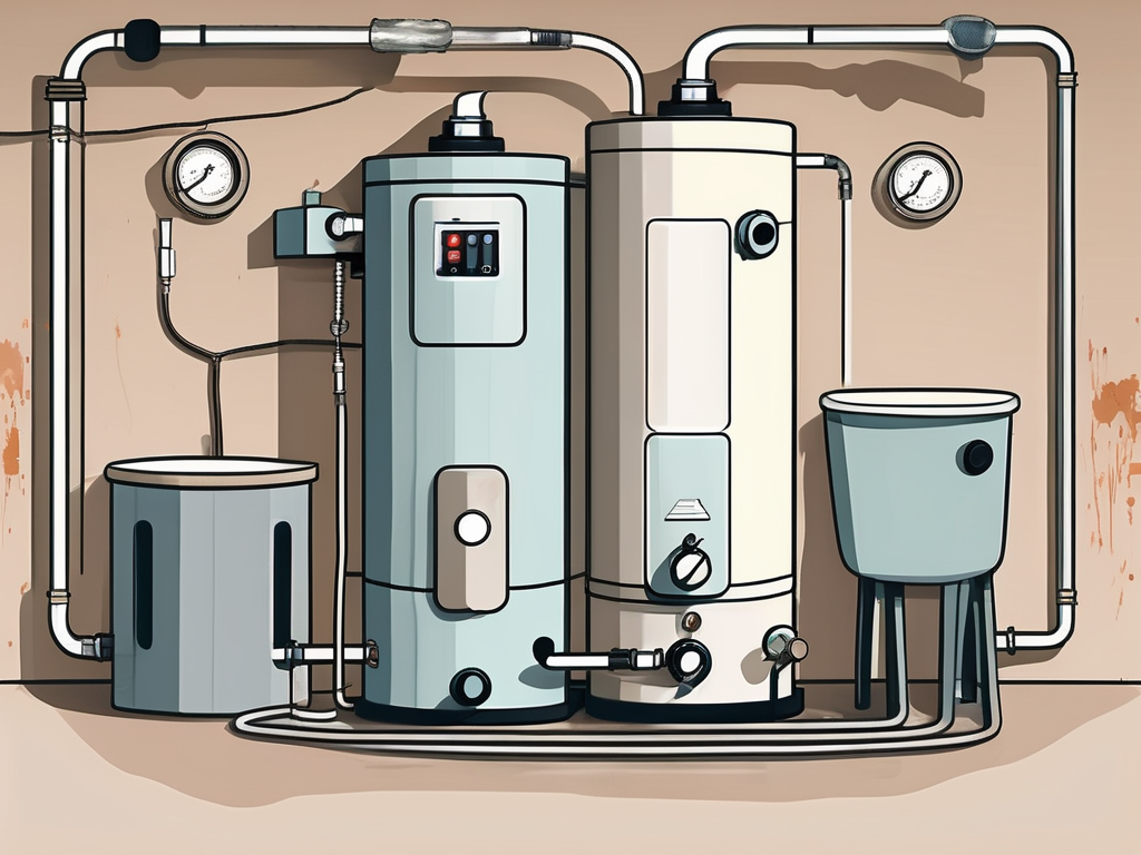 A water heater with various tools around it