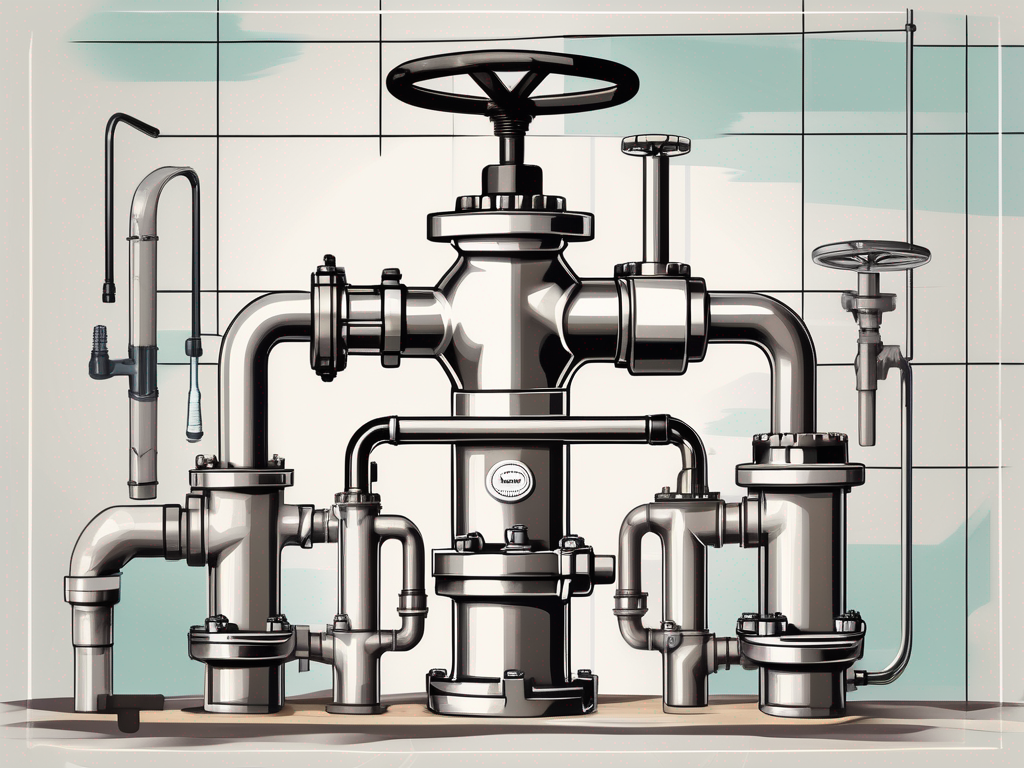 A main shut-off valve (hovedstoppekran) with various plumbing tools around it