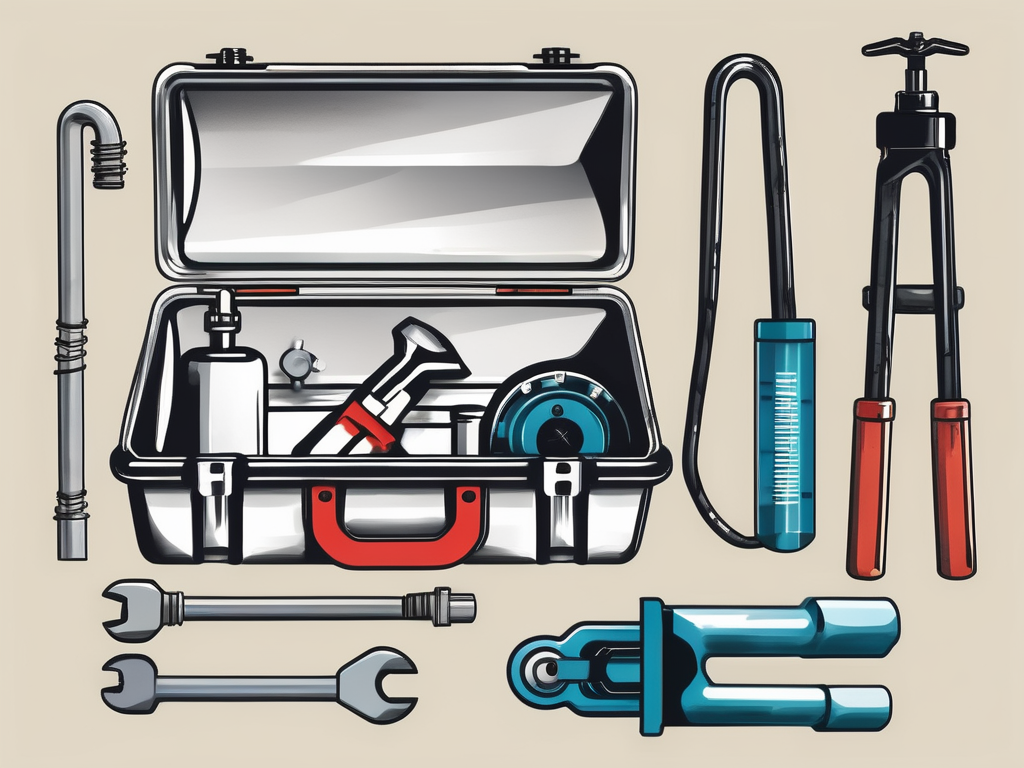 A plumber's toolbox with various tools next to a main water shut-off valve