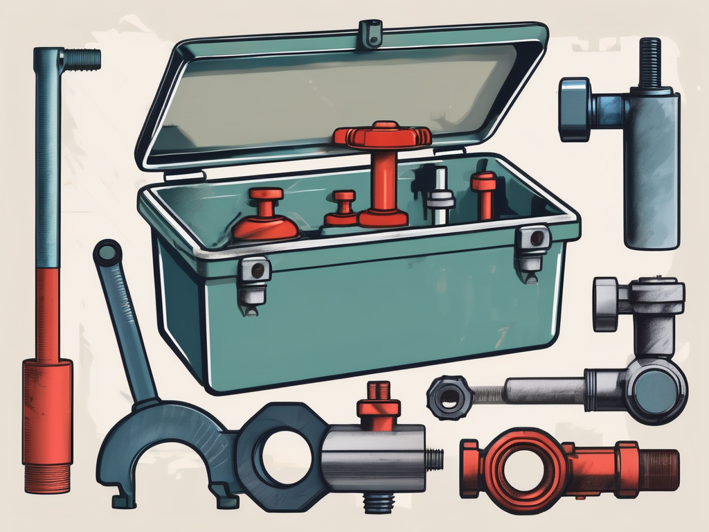 A plumber's toolbox with various tools next to a newly installed stop valve